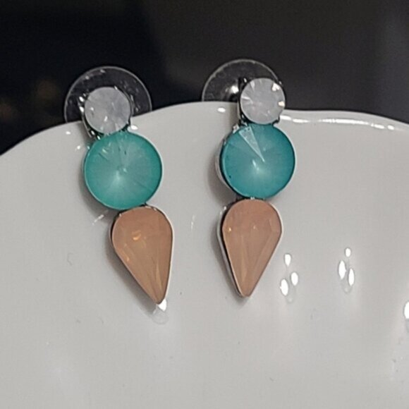 Vintage J Crew Turquoise Orange Crystal Drop Bar Colourblock Geometic Earrings - Picture 11 of 16